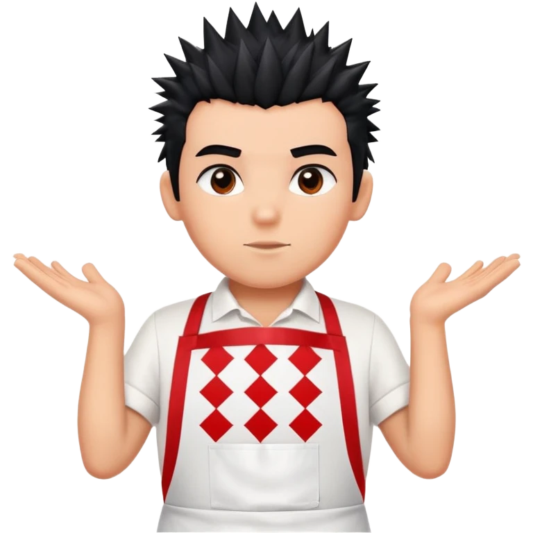 big boy with black spiky hair styled upward, wearing a white apron with red squares pattern emoji