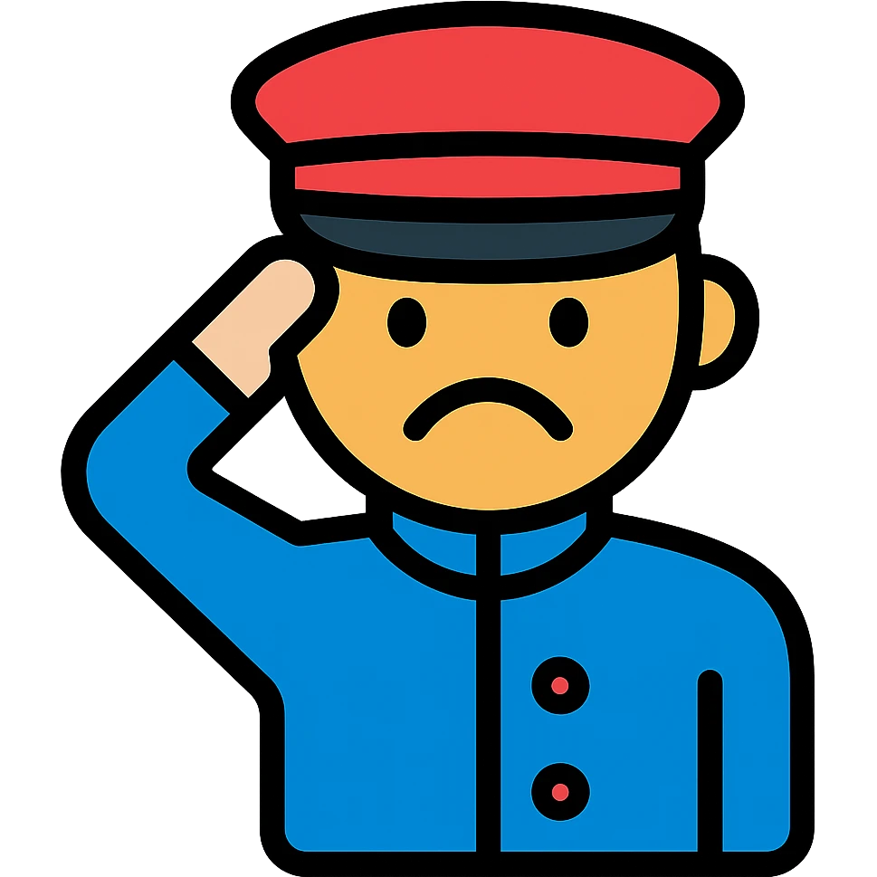 Convert the image to a color outline icon style of a sad face in uniform saluting. Keep the background transparent. emoji