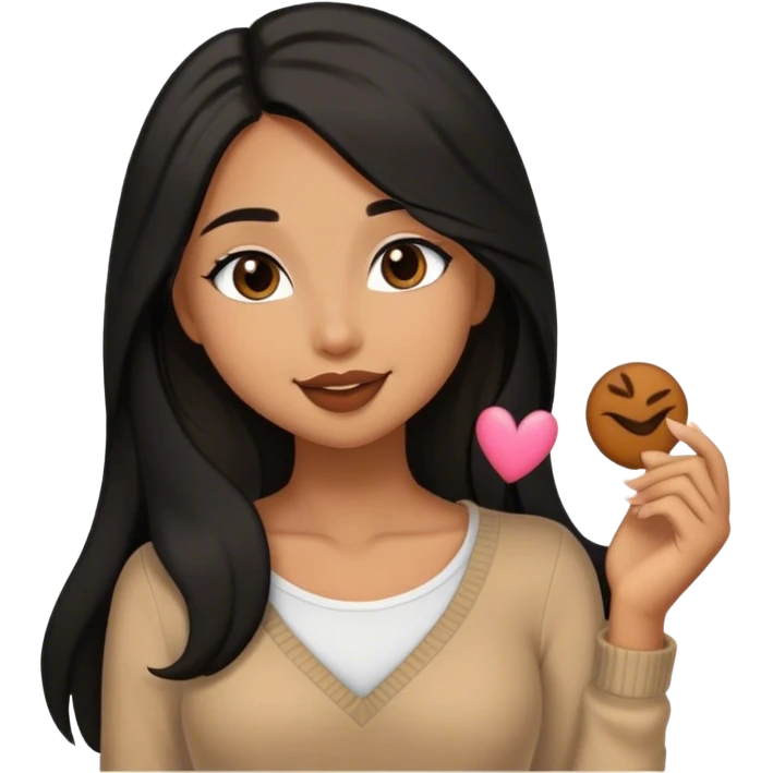 Tan girl with black long hair classy kisses smiles and cute outfit emoji