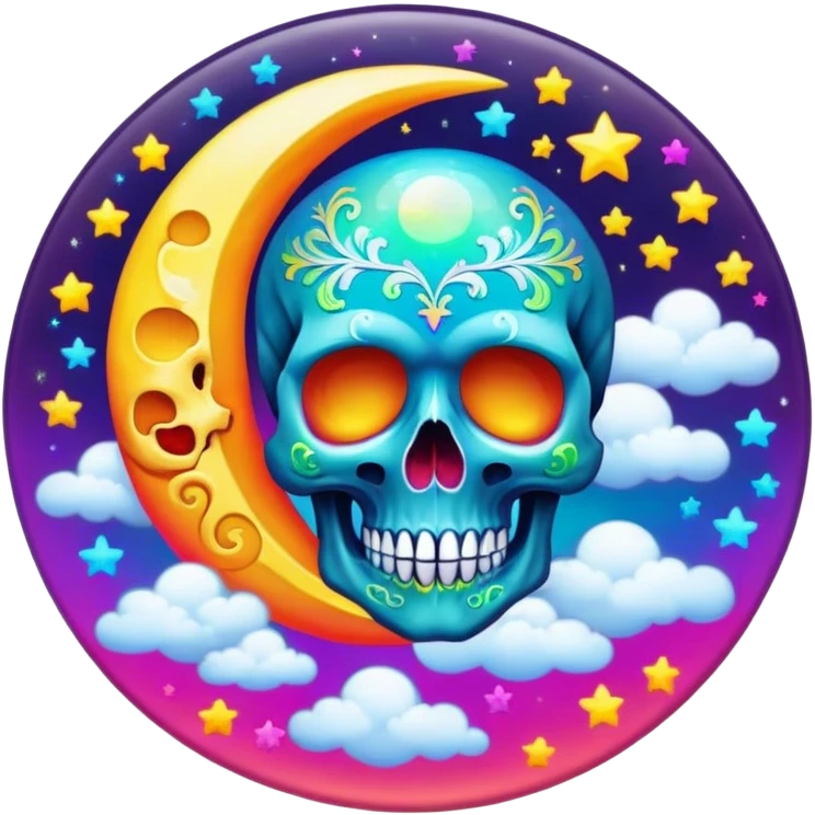 Beveled button with Neon rainbow colored damask style skull moon with stars and clouds in the center emoji