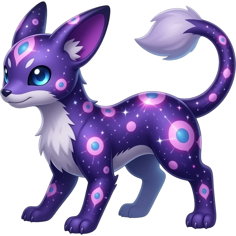 Rare realistic purple indigo violet nebulae shiny sparkly dark-neon glowing bioluminescent edgy badass epic pretty beautiful handsome gorgeous aesthetic colorful vibrant Vernid-Trico-Vaporeon-Espeon-species-Fakemon-creature by LiLaiRa, 4 legs, 1 tail, random markings, (full body) emoji