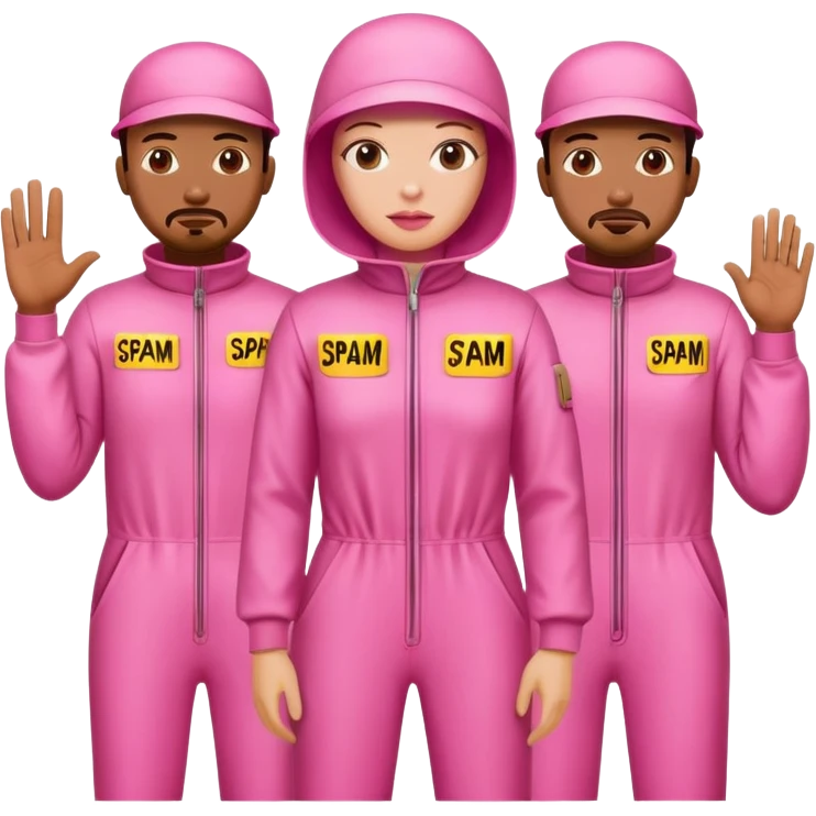 artists wearing pink jumpsuits s protesting for spam meat art emoji