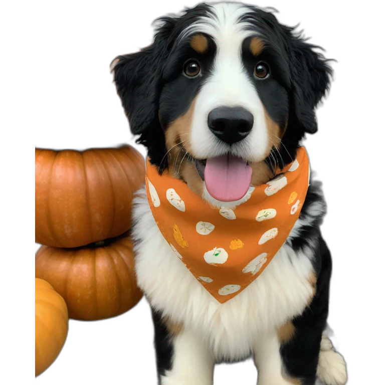 mostly black and white bernedoodle with a pumpkin and fall bandana emoji