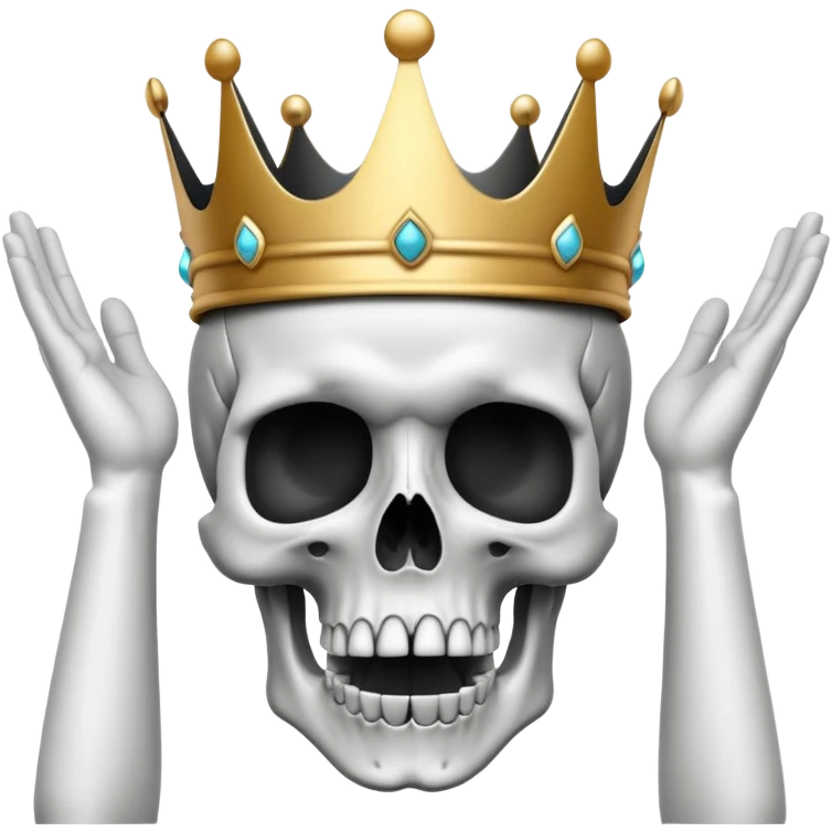 A shocked skull with a crown on top, both hands raised pressing on its head in disbelief, black and white emoji