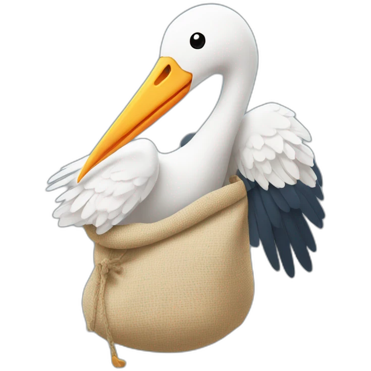stork delivering baby boy in fabric held in its beak you can see the baby boys human face popping from the top of the sack the stork is holding emoji