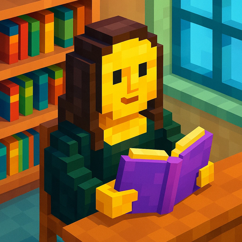 monalisa reading book in library, realistic background emoji