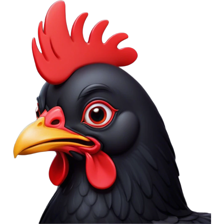 Cinematic Comical Black Chicken Portrait Emoji, Head tilted dramatically with an exaggeratedly amused expression, featuring a sleek, glossy black plumage with a bold red comb, wide, expressive beady eyes filled with playful disbelief, Simplified yet hilariously expressive features, highly detailed, glowing with a slightly sassy glow, high shine, dramatic yet playful, stylized with an air of cheeky mischief, bright and endearing, soft glowing outline, capturing the essence of a spirited and over-the-top chicken, so meme-worthy it feels like it could cluck its way into internet fame instantly! emoji