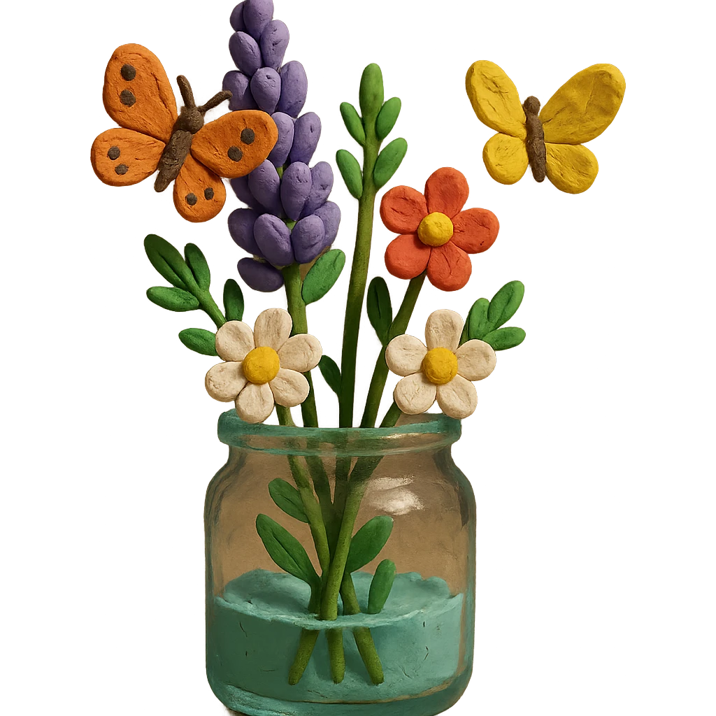 glass jar filled with forest flowers and butterflies, claymation style emoji