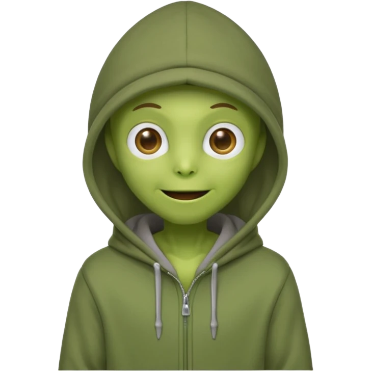 happy green alien in gray hoodie full height, wear hoodie hat emoji