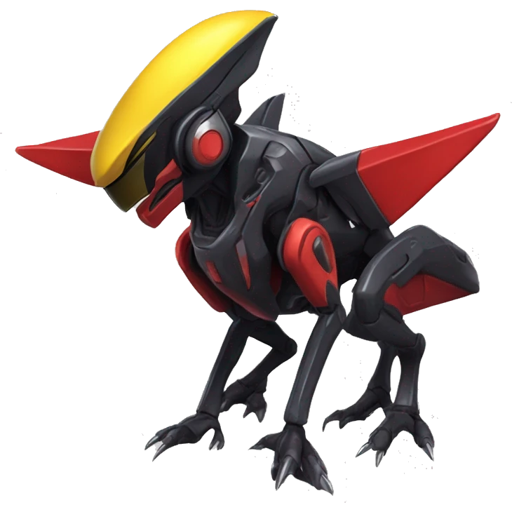 a shiny black-red-yellow Genesect-Raptor-Fakémon—hybrid with a futuristic visor-helmet full body emoji