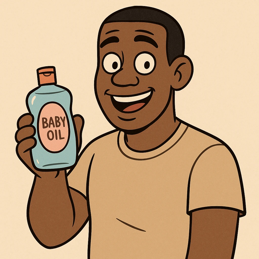 A Black man with short hair holding a bottle of baby oil, cartoon, approachable look emoji