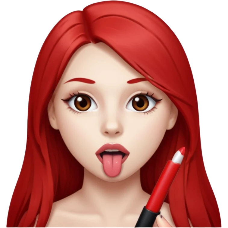 una chica de 18 años sacando la lengua con los labios con pintalabios nude y los ojos maquillados, de piel blanca con el pelo liso, largo y pelirrojo, ojos marrones emoji
