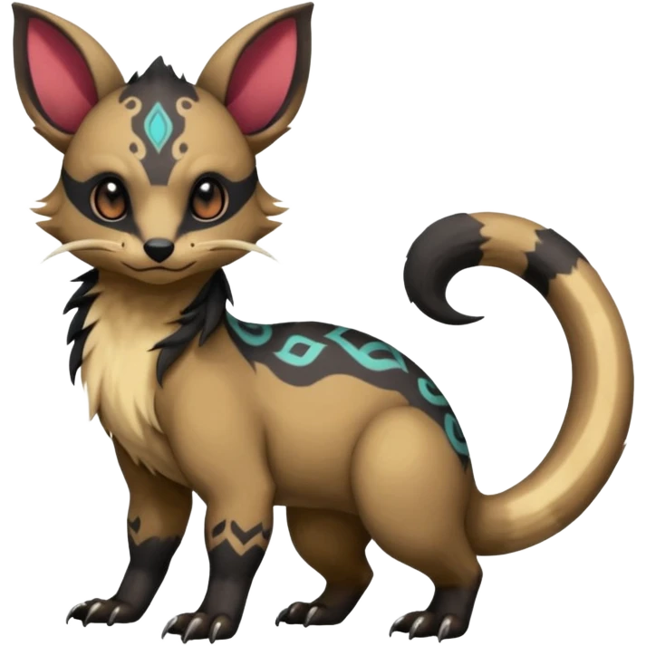 Rare warm-colored exotic cute epic aesthetic gothic colorful Salandit-Eevee-Civet-species-Fakemon-hybrid-creature, with intricate tattoo markings, full body emoji