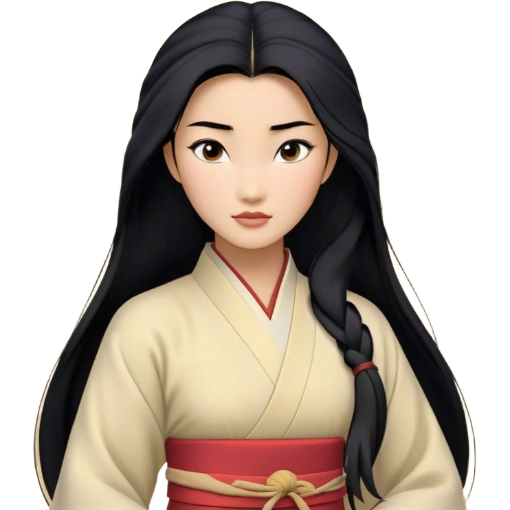 Cinematic Realistic Mulan Portrait, depicted with lifelike skin texture, soft natural lighting, and intricately detailed long black hair styled elegantly. Her deep, expressive eyes exude determination and grace, complemented by a serene yet confident expression. She is dressed in her classic attire, with rich fabric textures and delicate folds that catch the light beautifully. The portrait features a soft, enchanting glow with a natural, radiant finish, capturing the essence of timeless strength and beauty in a realistic and painterly style, evoking a sense of depth and authenticity. emoji