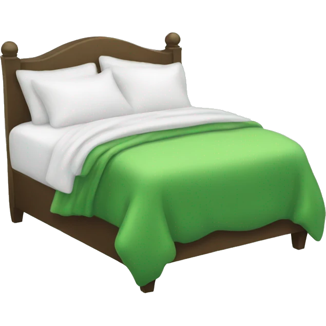 White bed with green fluffy blanket and pillows  emoji