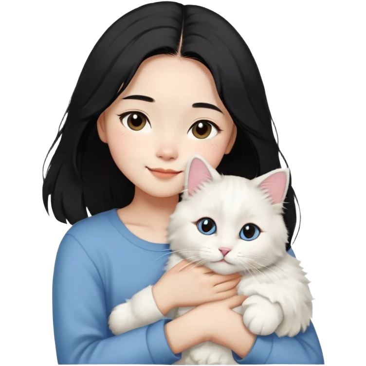 A young Chinese girl with shoulder-length black hair, styled in a sleek center-parted (4/6) cut, gently holding her fluffy white Ragdoll cat.  The girl has a happy and loving expression as she embraces her cat. The background is soft and warm, creating a cozy and affectionate atmosphere. The image is detailed and realistic, highlighting the textures of the woman's hair and the cat's plush fur." emoji