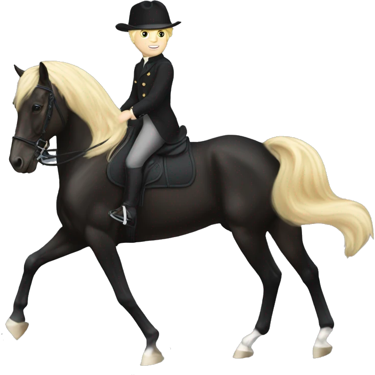 Blonde boy riding black dressage horse emoji