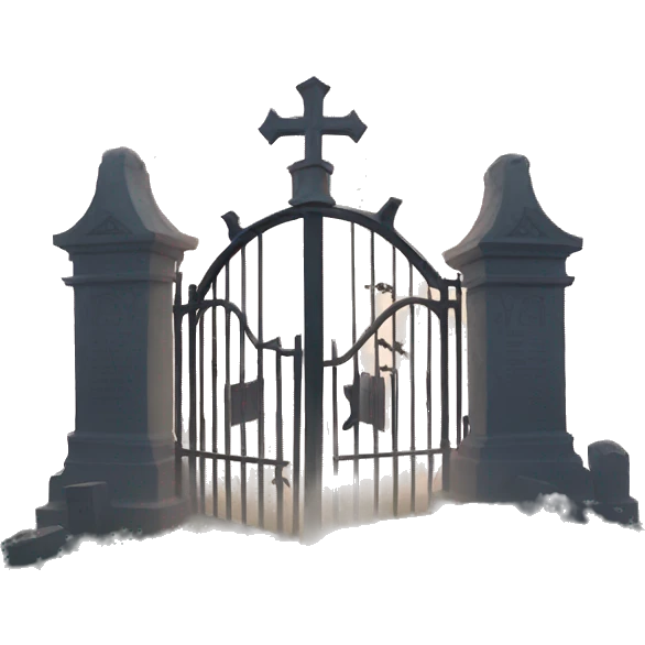 Haunting pig tombstone graveyard gate at noon, light fog emoji
