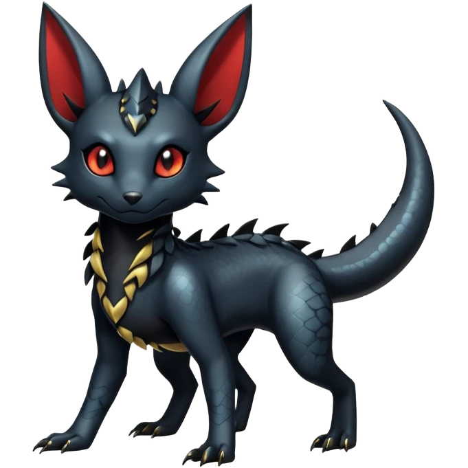 Shiny Dark Cute Majestic Sophisticated Modern Gothic Gloomy Futuristic Scaly Cyber-Salandit-Umbreon-Litten-Hybrid (Full body) emoji