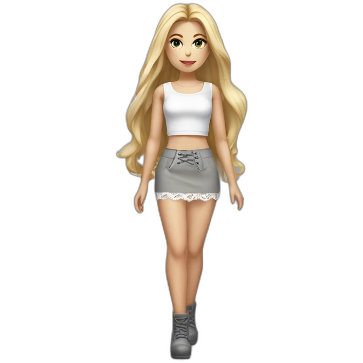 hyperrealistic caucasian blonde female, long straight hair, white lace-up crop top, tight grey mini skirt, full view emoji