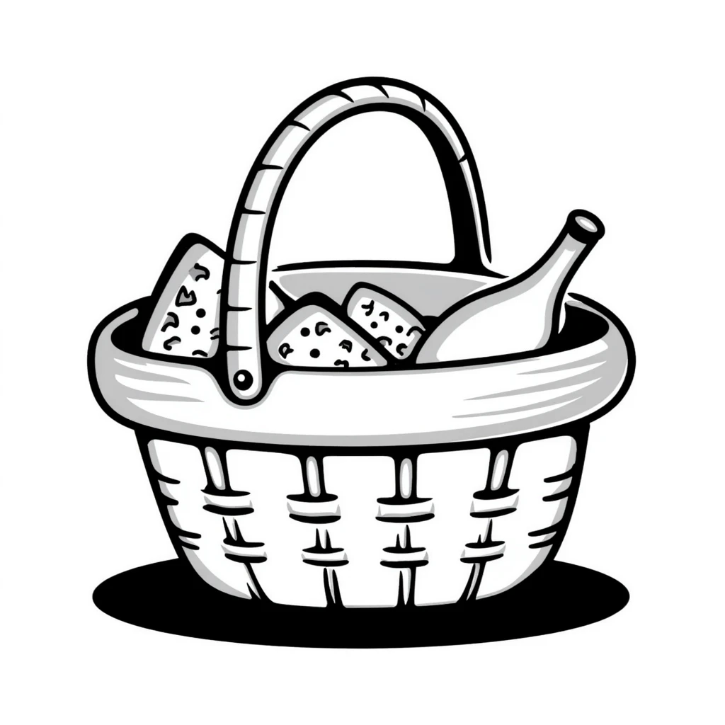 A wicker picnic basket with handle and some picnic items peeking out in pastel colors (dd9fb0, ffc6d3, a3bfc9, c4bee2, f1b091), hand-drawn doodle style emoji