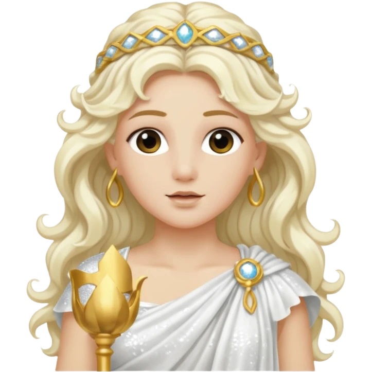 Aura, Goddess of Breeze from Roman Deities with long platinum blonde wavy hair, white sequin toga  emoji