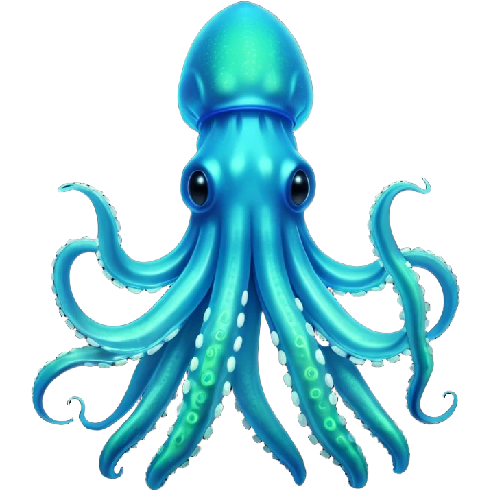 3D render of Deep Sea Squid, bioluminescent deep sea style, glowing neon blue and green lights, dark background to contrast the glow, translucent organic textures. emoji