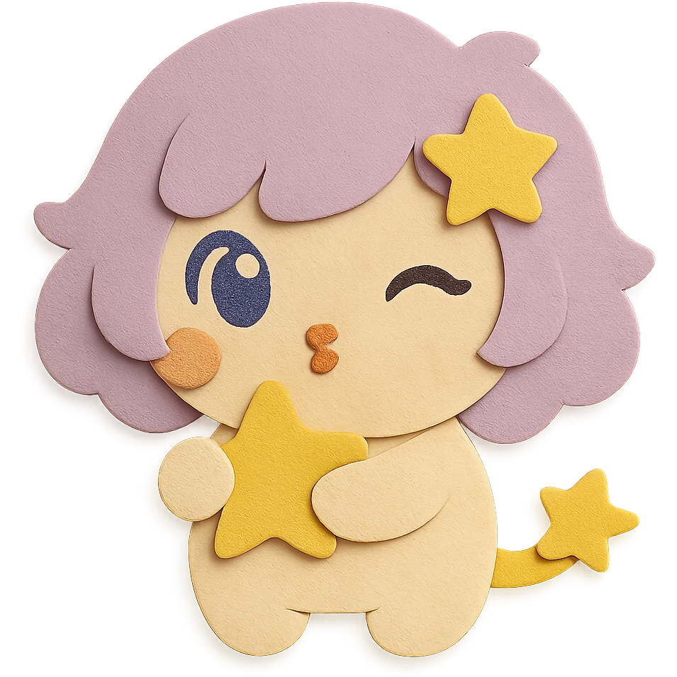 Match the hair color depth, shade, and gradient exactly to the reference image. Make the eyes identical in color, shape, and style to the reference image with no differences. Change the pose and expression to blowing a kiss with a winking eye. Keep all other features including the yellow star in hair, no moon, full body, paper craft style, clean lines, and transparent background. emoji