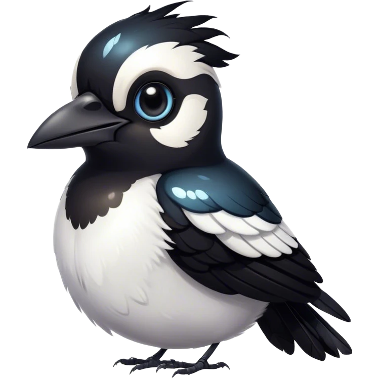 Cinematic Cute Magpie Portrait Emoji, Head tilted playfully and inquisitively, featuring a compact, elegant form with glossy, contrasting black and white feathers and round, sparkling eyes full of playful charm, Simplified yet irresistibly adorable features, highly detailed, glowing with a warm, inviting glow, high shine, affectionate and lively, stylized with a touch of whimsical urban flair, soft glowing outline, capturing the essence of a mischievous yet endearing magpie that seems as if it could flit out of the screen into your arms! emoji