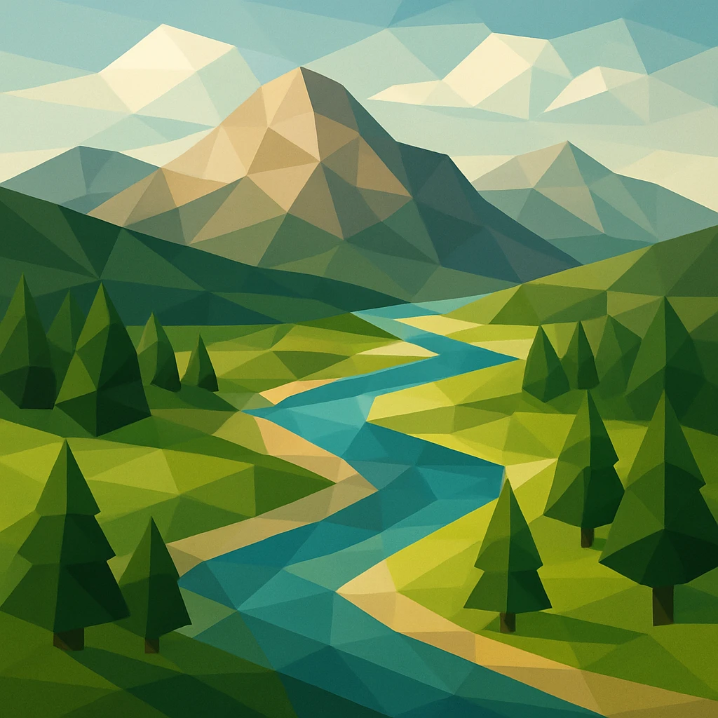 aerial view of a nature landscape with a river, mountains, and trees, polygonal low-poly style emoji