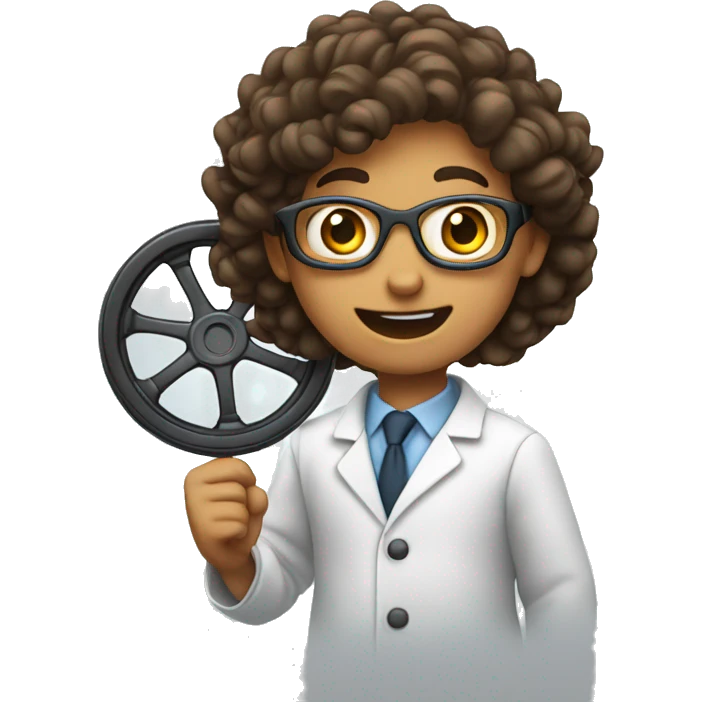 young scientist excited holding a car wheel emoji