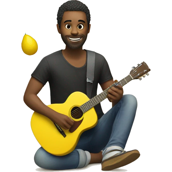 30 year old guy playing a guitar on beach but guitar is made from a lemon emoji