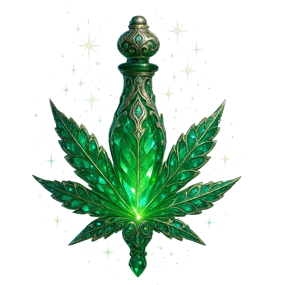 luxurious crystal elixir bottle in the shape of a cannabis leaf or with cannabis motifs, vibrant green color, ornate silver and iridescent details, magical glowing and sparkling effects, very small neck, seamless bottom, bottle clearly floating in air, no base or shadow, modern, collection style, transparent background emoji