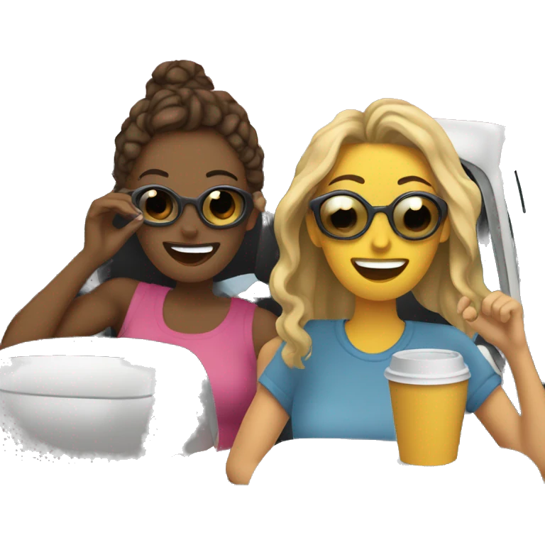 two girlfriends on a road trip one drinking coffee emoji