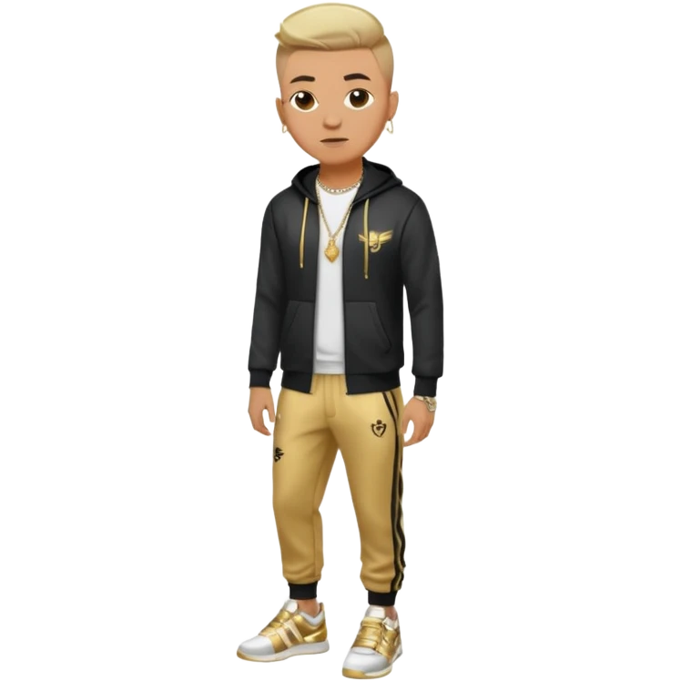 Capelli rasati ai lati con sfumatura, sopra corti e fissati con gel. Look curato e deciso. Indossa tuta firmata (Nike, Adidas, Lacoste, EA7) o jeans skinny, scarpe vistose come Air Force 1. Sempre presenti borsello a tracolla e collana d’oro E tatuaggi d’appertutto a mezzo busto emoji