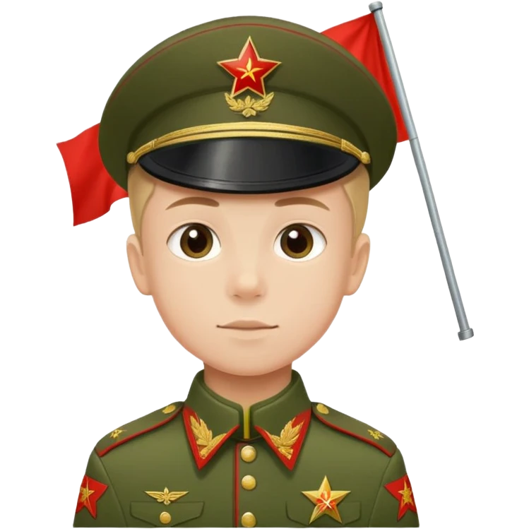 military boy in Soviet green uniform holding a red flag with "9 мая" emoji