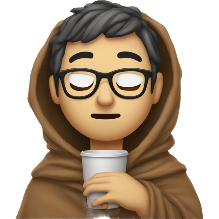 Guy in glasses inside a blanket sipping coffee eyes closed emoji