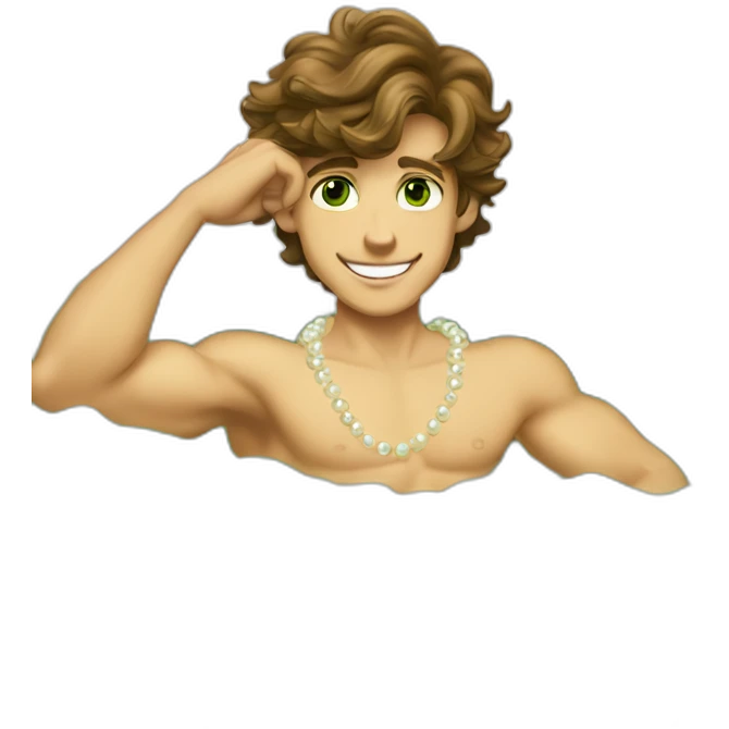 Posh-muscle-boy-brown-hair-green-eyes-pearl-necklace-in-golden-bathtub emoji