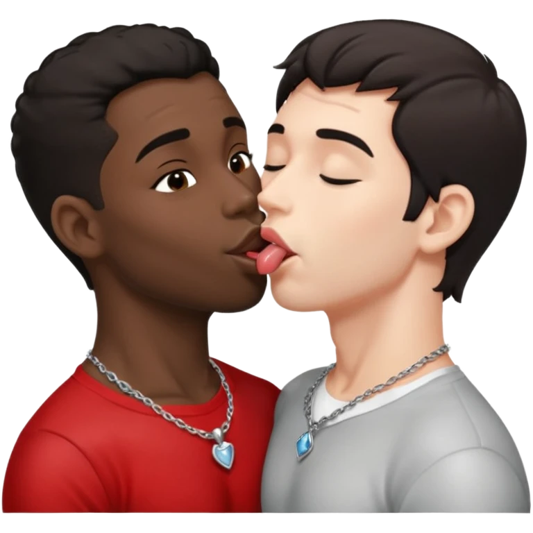 1 White adult male dark hair ,1 black adult male silver necklace, nude,kissing tongue open mouth  emoji