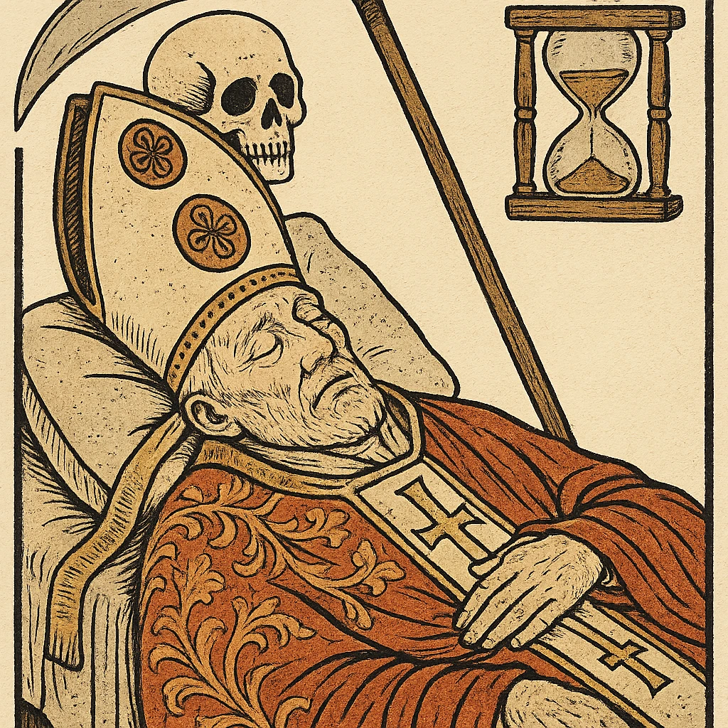 ukiyo-e style symbolic illustration of a pope's death, respectful emoji