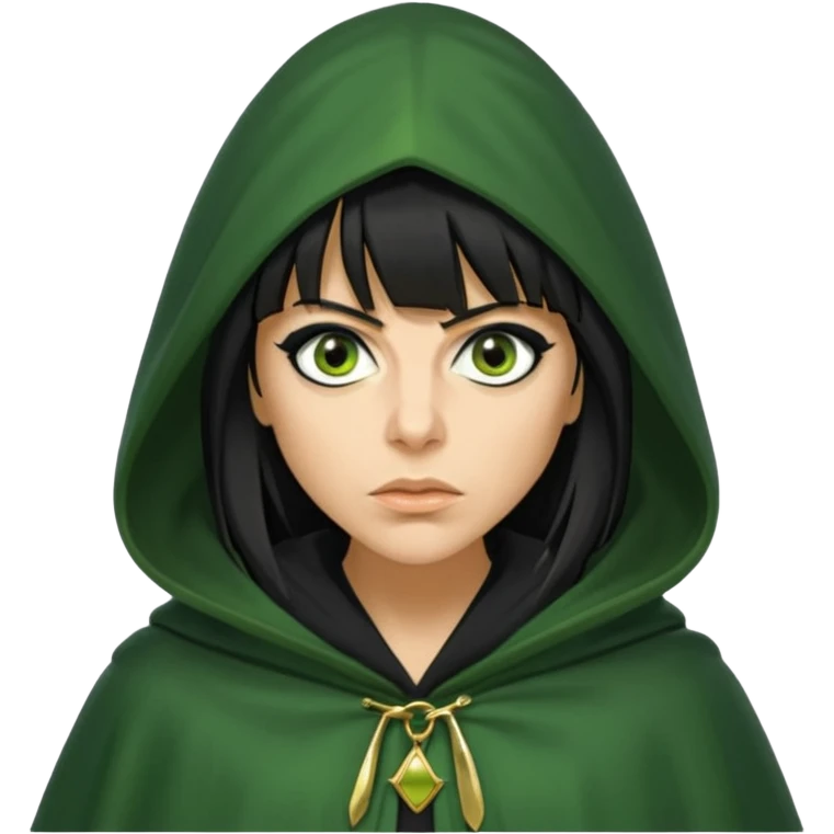claudia winkleman with a heavy fringe as a traitor with a green hooded cloak with a gold clasp and dark black eyeliner emoji