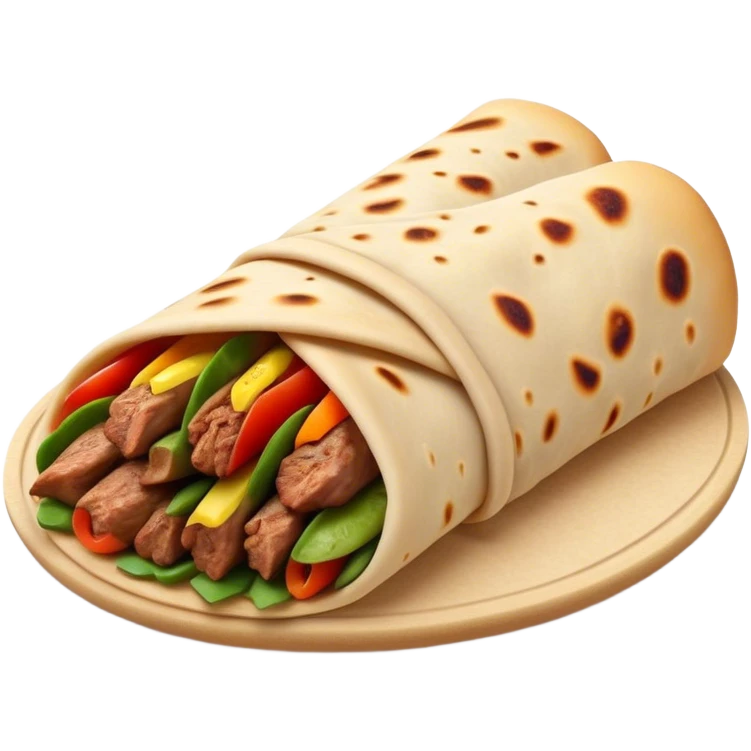 Cinematic Realistic Shawarma Dish Emoji, showcasing spiced, succulent meat wrapped in flatbread with fresh vegetables rendered with lifelike detail and dynamic, appetizing lighting. emoji