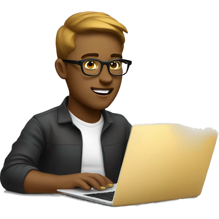 Website designer, gold skin, using laptop, wearing glasses, floating laptop, creative look. emoji