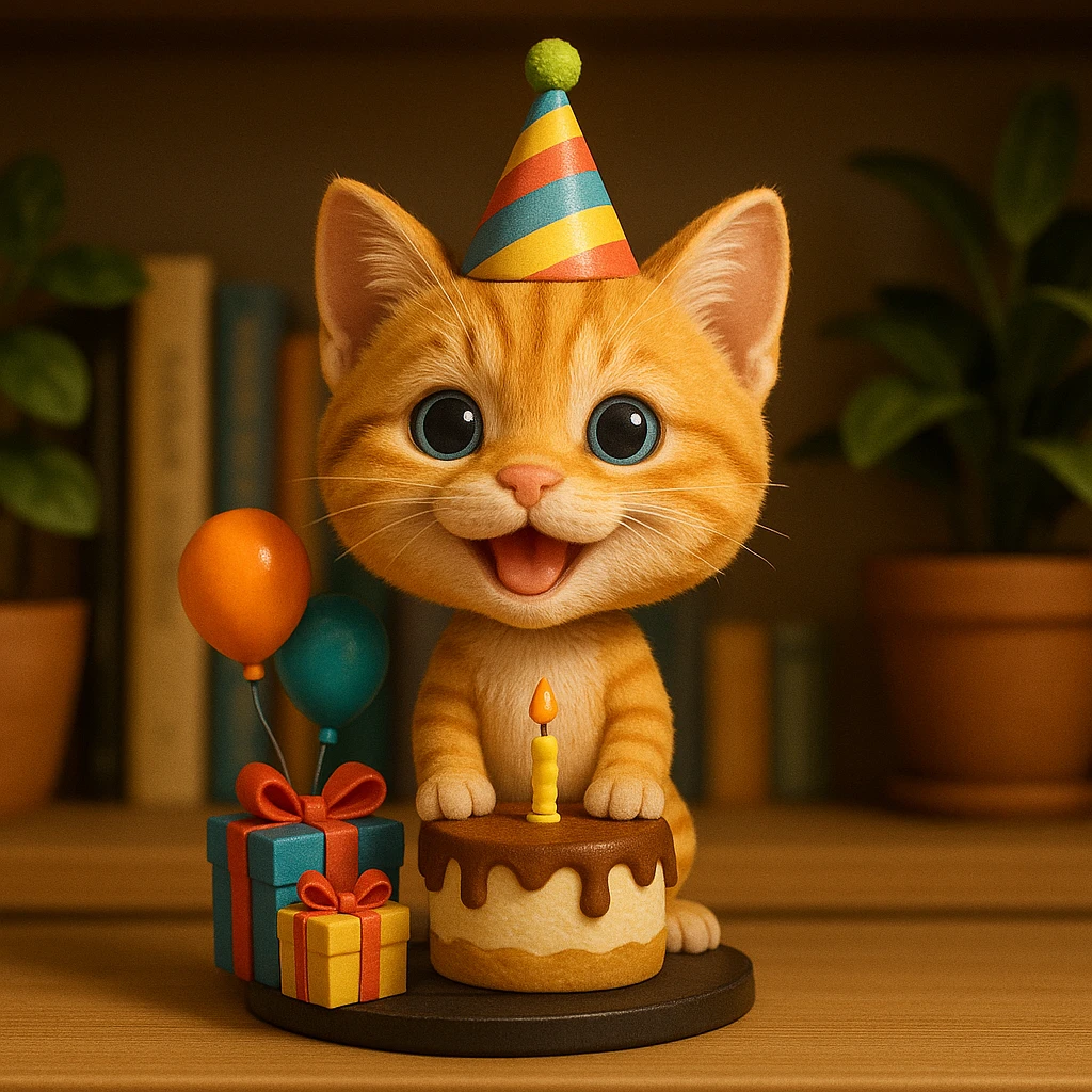 ginger tabby kitten celebrating a birthday, wearing a birthday hat, with birthday cake, balloons, happy expression, and gifts emoji