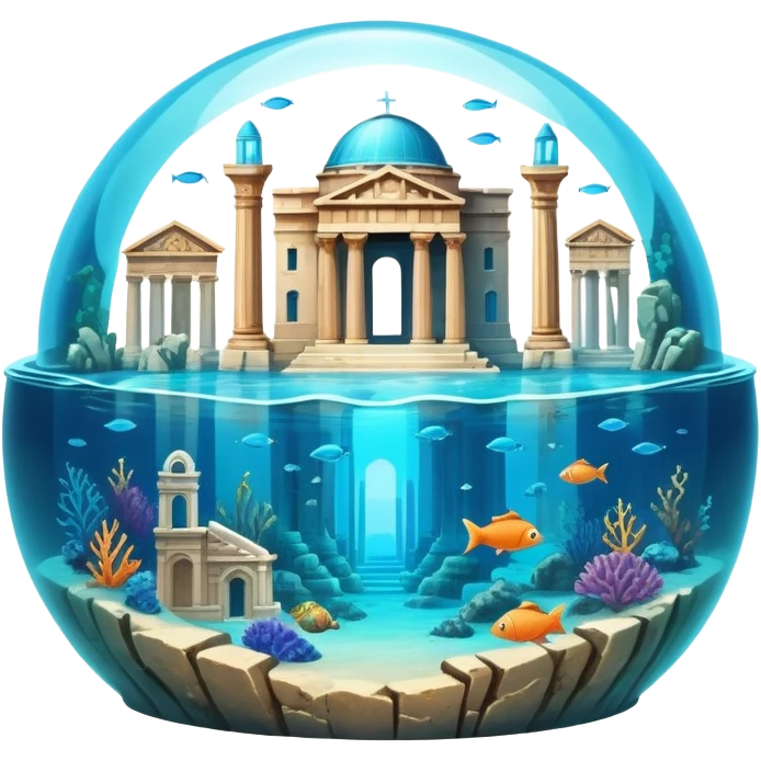 Atlantis underwater city with domed buildings, ancient Greek architecture, glowing blue energy crystal, surrounded by fish, more simple and ruins emoji