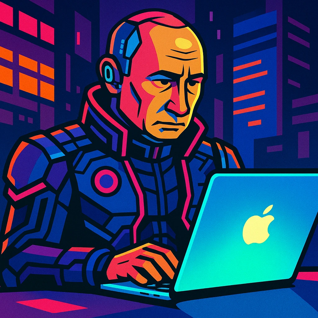 Futuristic cyberpunk-themed Vladimir Putin using a glowing MacBook emoji