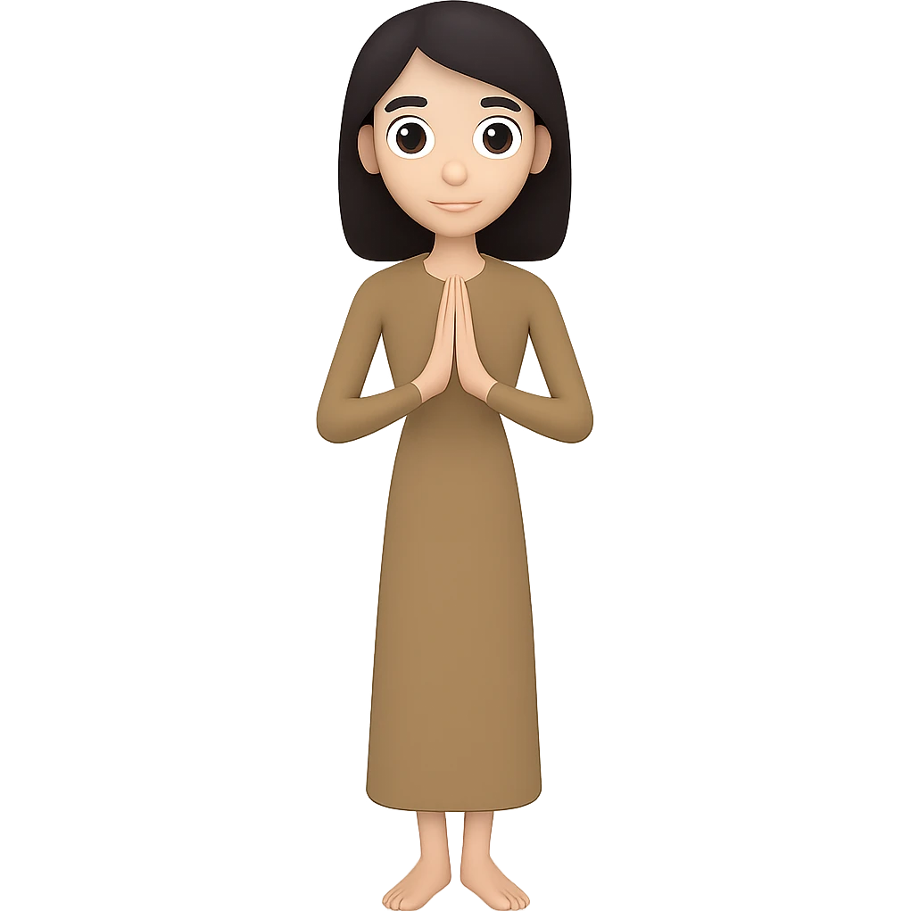 Make the woman very thin, standing and praying from the front view, wearing a long tan dress, with dark brown hair, in an emoji style. Remove the background. emoji