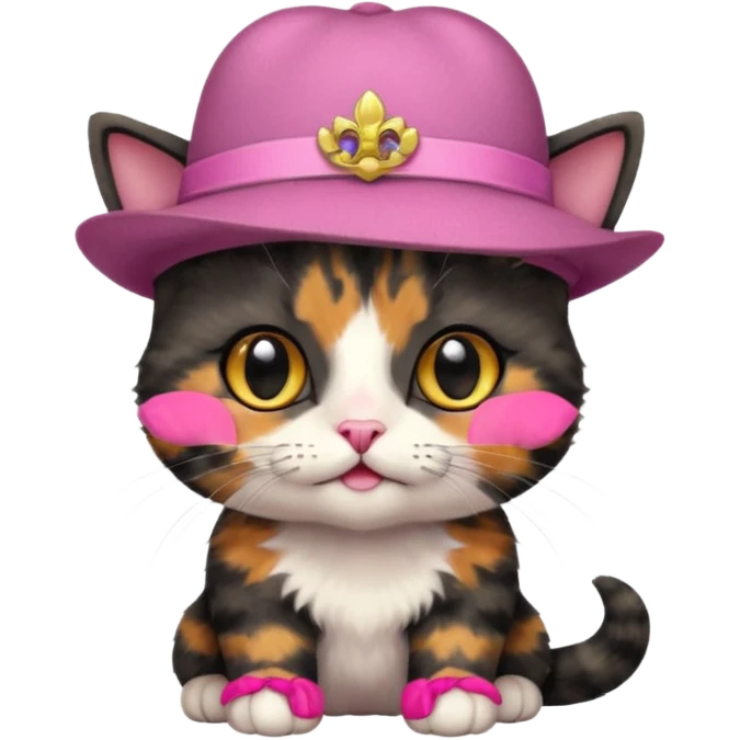 Cute black tortoiseshell kitten wearing a british hat, golden eyes emoji