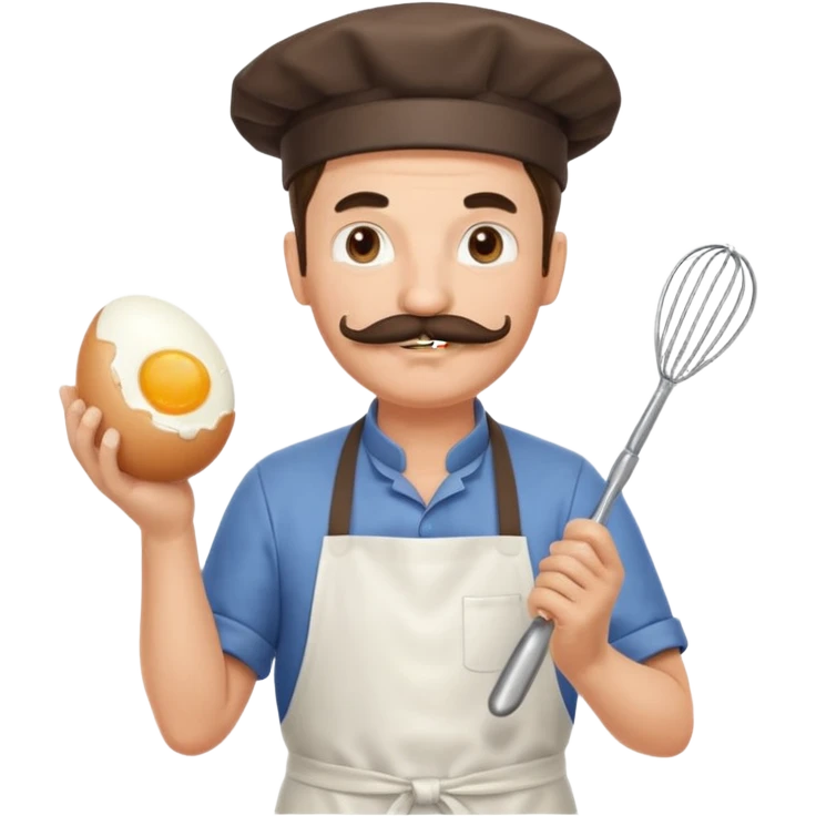 Middle aged male pastry chef - with a mustache, apron, white hat, and holding an egg beater in one hand emoji