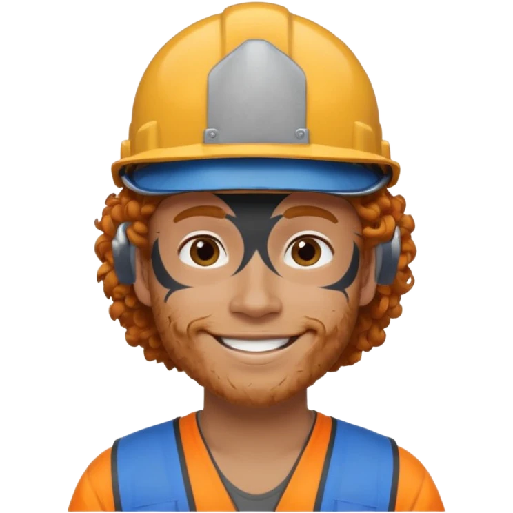 construction worker man ginger curly hair, blue helmet, very heavy dark face tattoo emoji